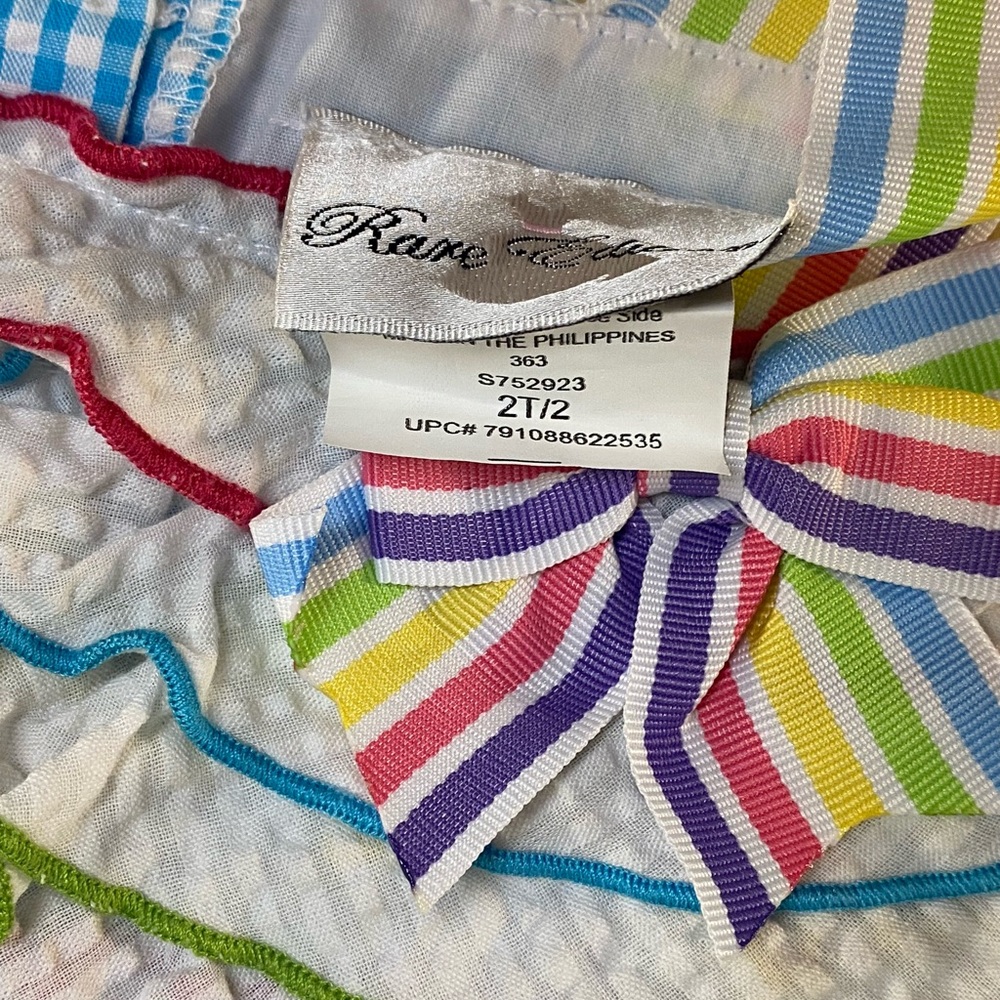 Rare Editions Blue Gingham Dress with Multicolor Striped Bow and Ruffles - Picture 4 of 7